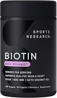 Sports Research Vegan Biotin 5000mcg with Organic Coconut Oil - Extra Strength Biotin Vitamin B7 for Healthier Hair & Skin + Keratin Support - Non-GMO & Gluten Free, 120 Softgels (4 Month Supply)