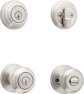 Kwikset Juno Keyed Entry Door Knob and Single Cylinder Deadbolt Combo Pack with Microban Antimicrobial Protection Featuring SmartKey Security in Satin Nickel